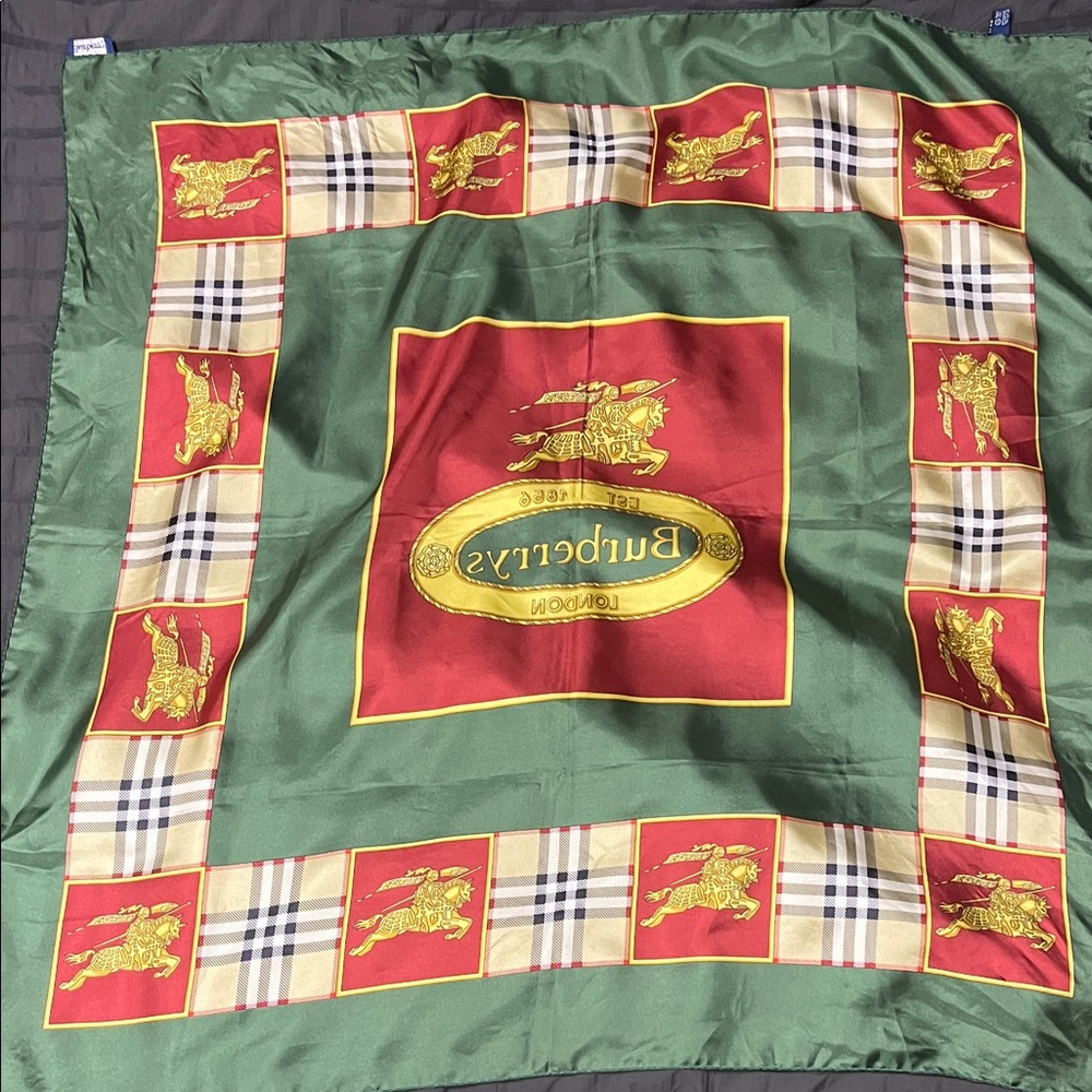 Burberry Green and Red Plaid Silk Scarf